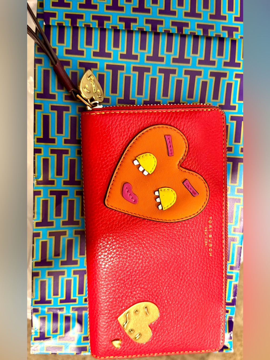 Tory Burch Perry Patchwork Hearts Zip Continental Wallet With Heart Zipper Pull